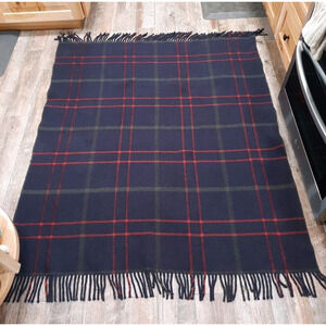 Vintage Wool Blanket Blue Plaid Fringed Throw Lap Stadium 34x39”
